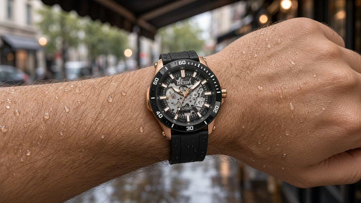 Relógio com resistência à água: MEGIR Vortex Sapphire com gotas de chuva