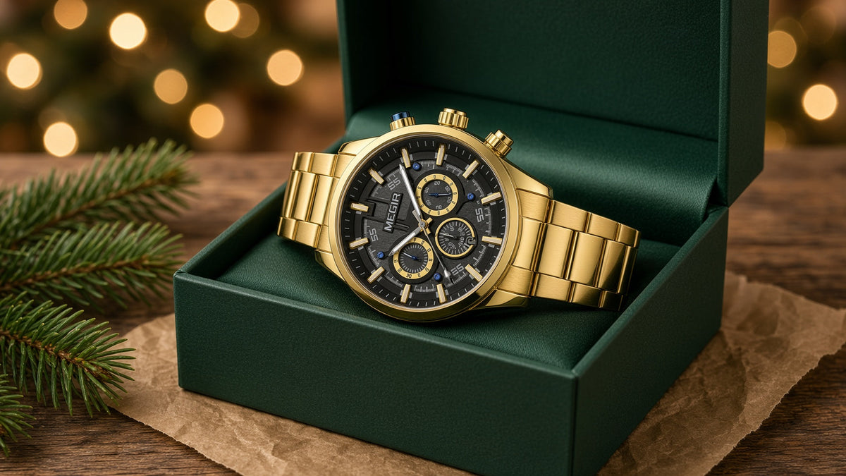 Presente de Natal para homem: relógio MEGIR Prestige Chrono dourado na caixa de presente