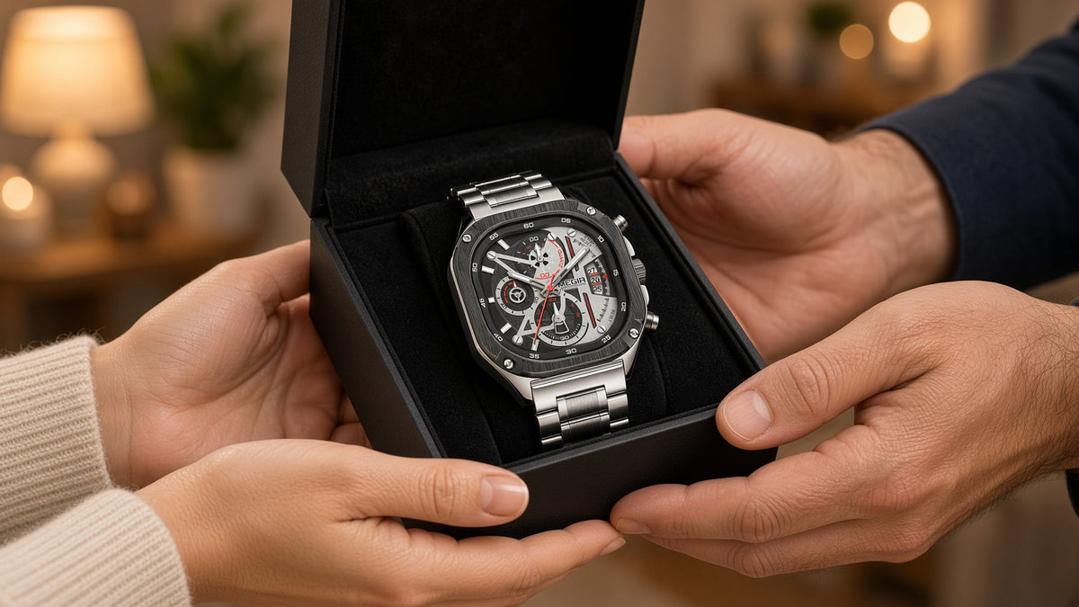 Presente para namorado: caixa com relógio MEGIR Grand Prix Chrono