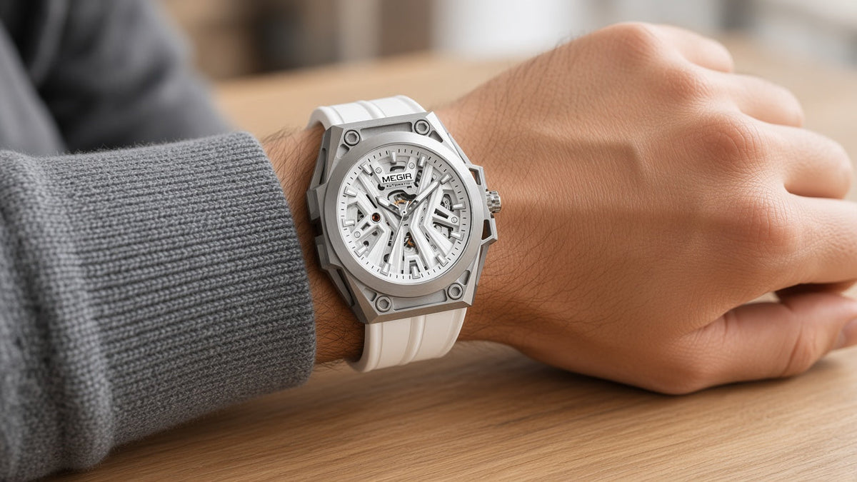Relógio automático na Black Friday: MEGIR Vortex Skeleton com mecanismo à mostra no pulso
