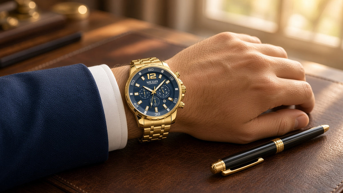 Relógio dourado masculino: MEGIR Prestige Chrono Gold com terno azul-marinho