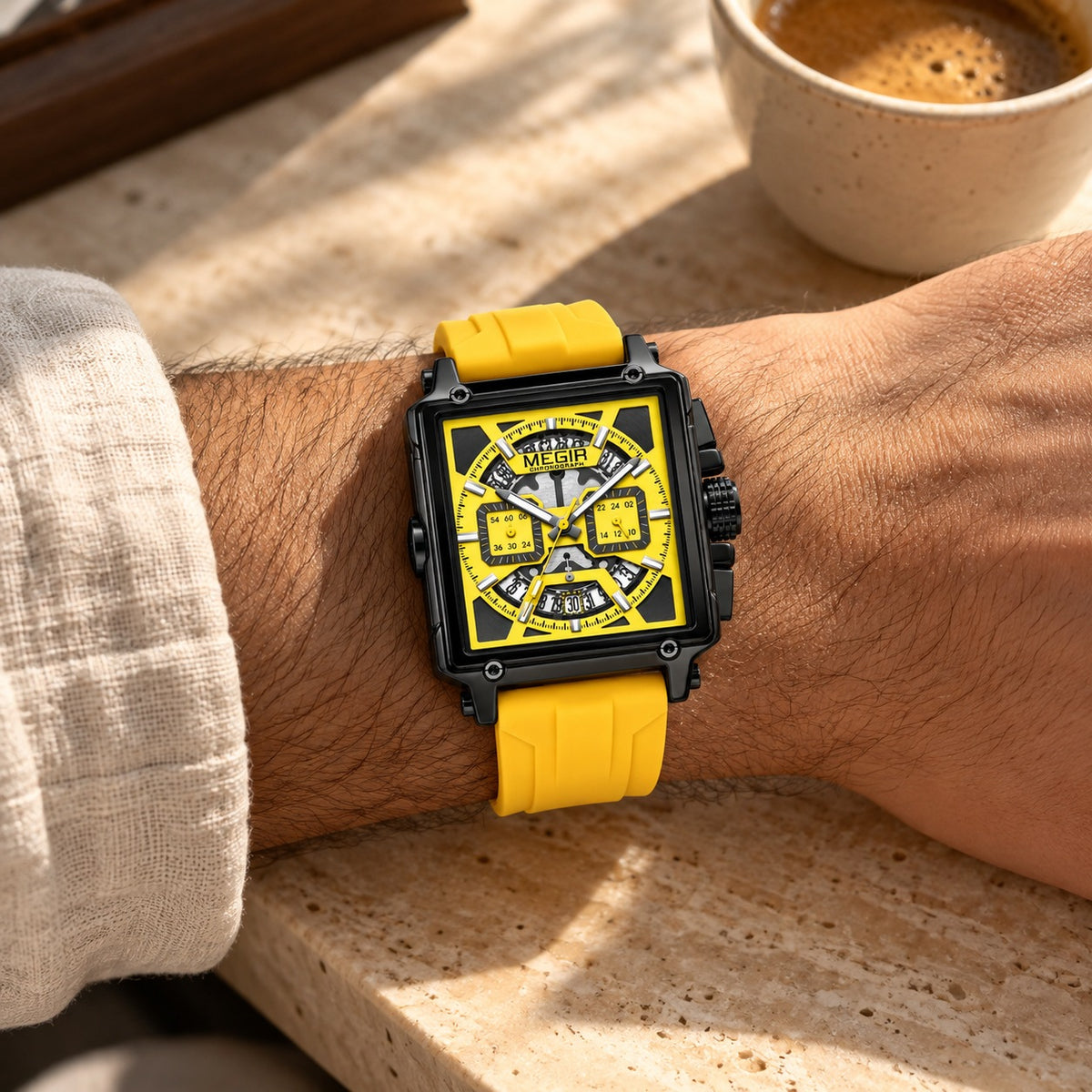 MEGIR Quadra Chrono Sport · Amarelo Neon · no pulso #Cor_Amarelo Neon
