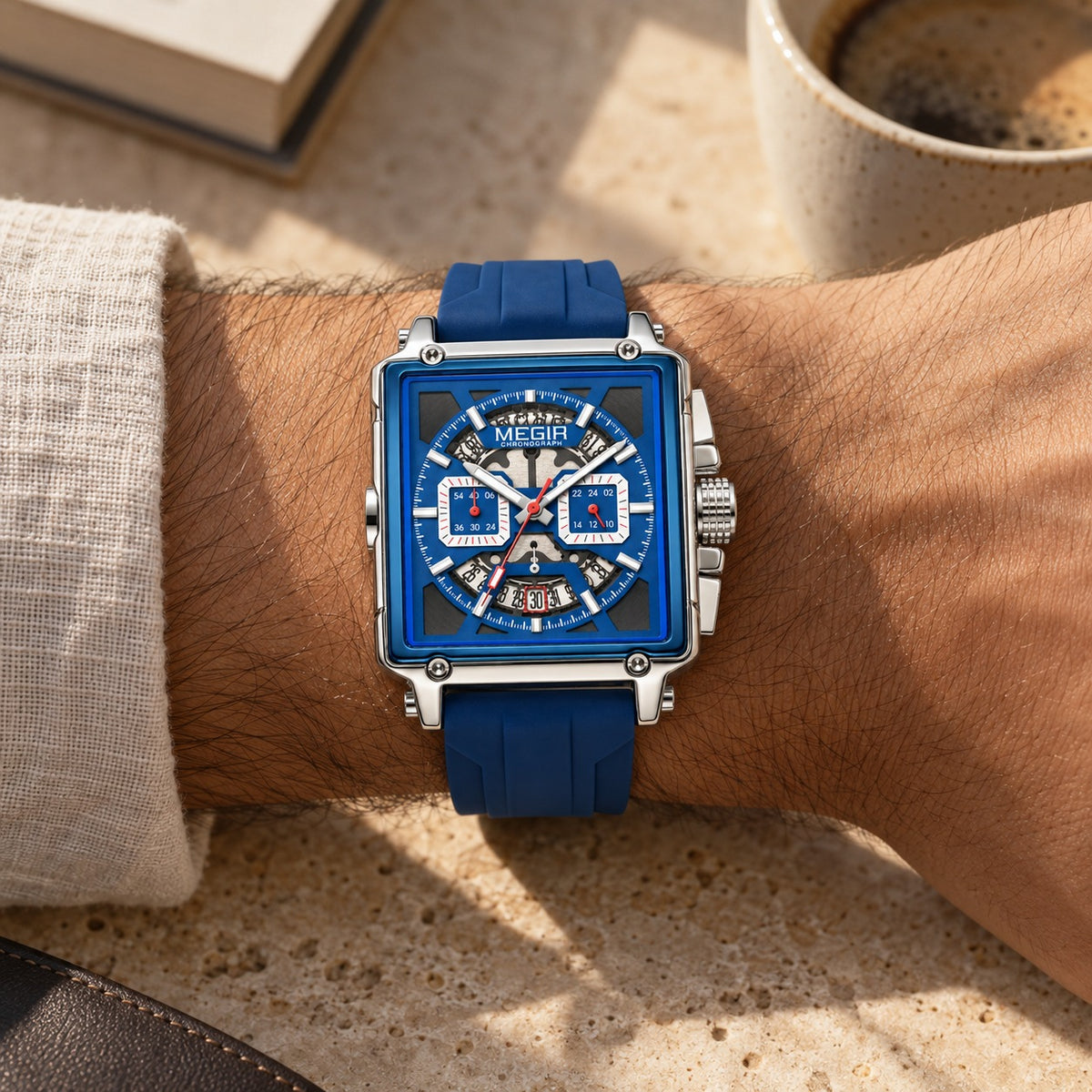 MEGIR Quadra Chrono Sport · Azul Noite · no pulso #Cor_Azul Noite