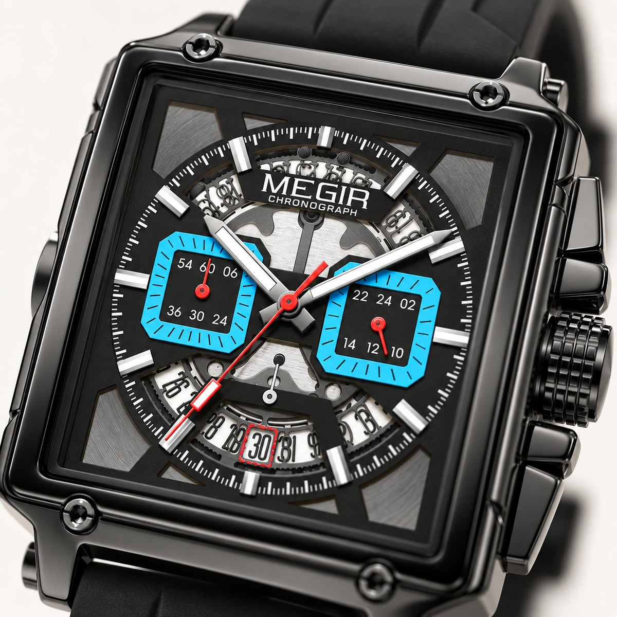 MEGIR Quadra Chrono Sport · Preto Carbono · detalhe do mostrador #Cor_Preto Carbono