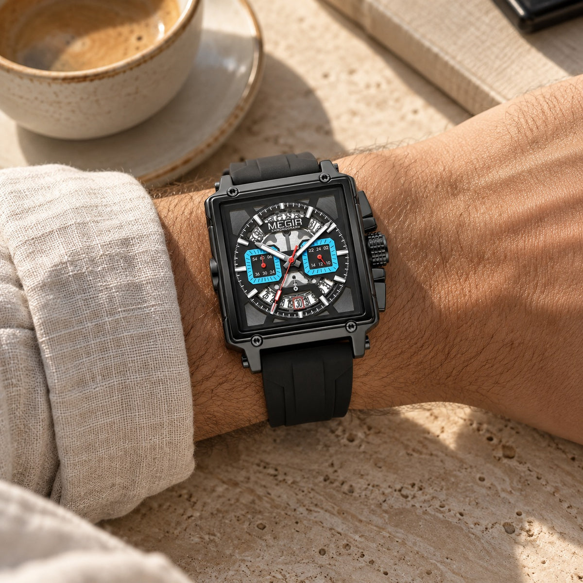 MEGIR Quadra Chrono Sport · Preto Carbono · no pulso #Cor_Preto Carbono