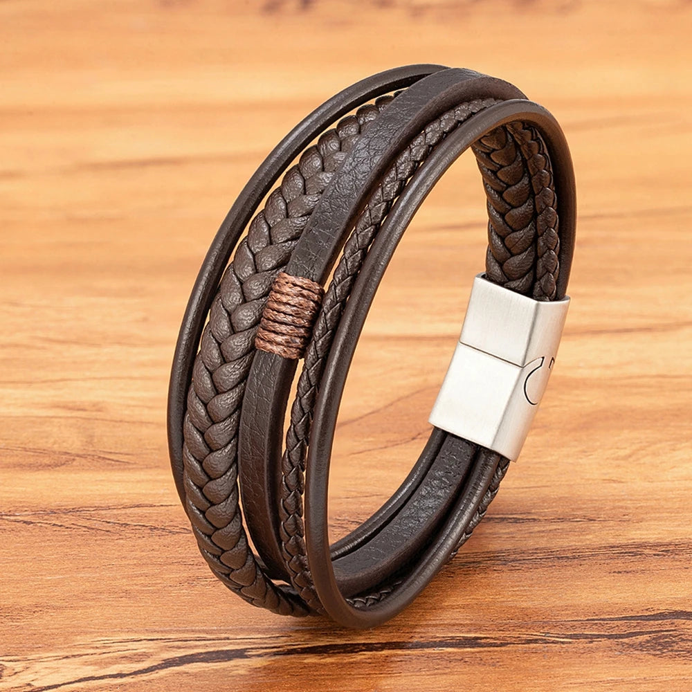 Pulseira Masculina Couro Trançado · Marrom & Aço