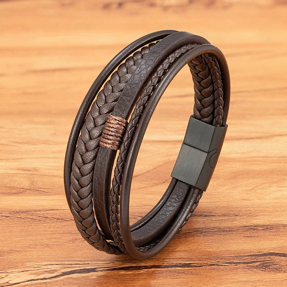 Pulseira Masculina Couro Trançado · Marrom & Preto