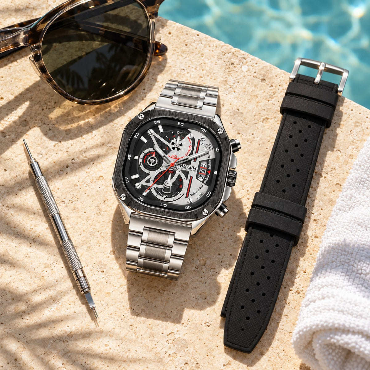 Kit Verão MEGIR — Grand Prix Chrono com pulseira de borracha FKM e ferramenta