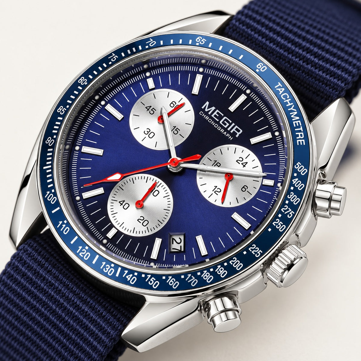 MEGIR Trek Chrono Canvas · Azul Noite · detalhe do mostrador