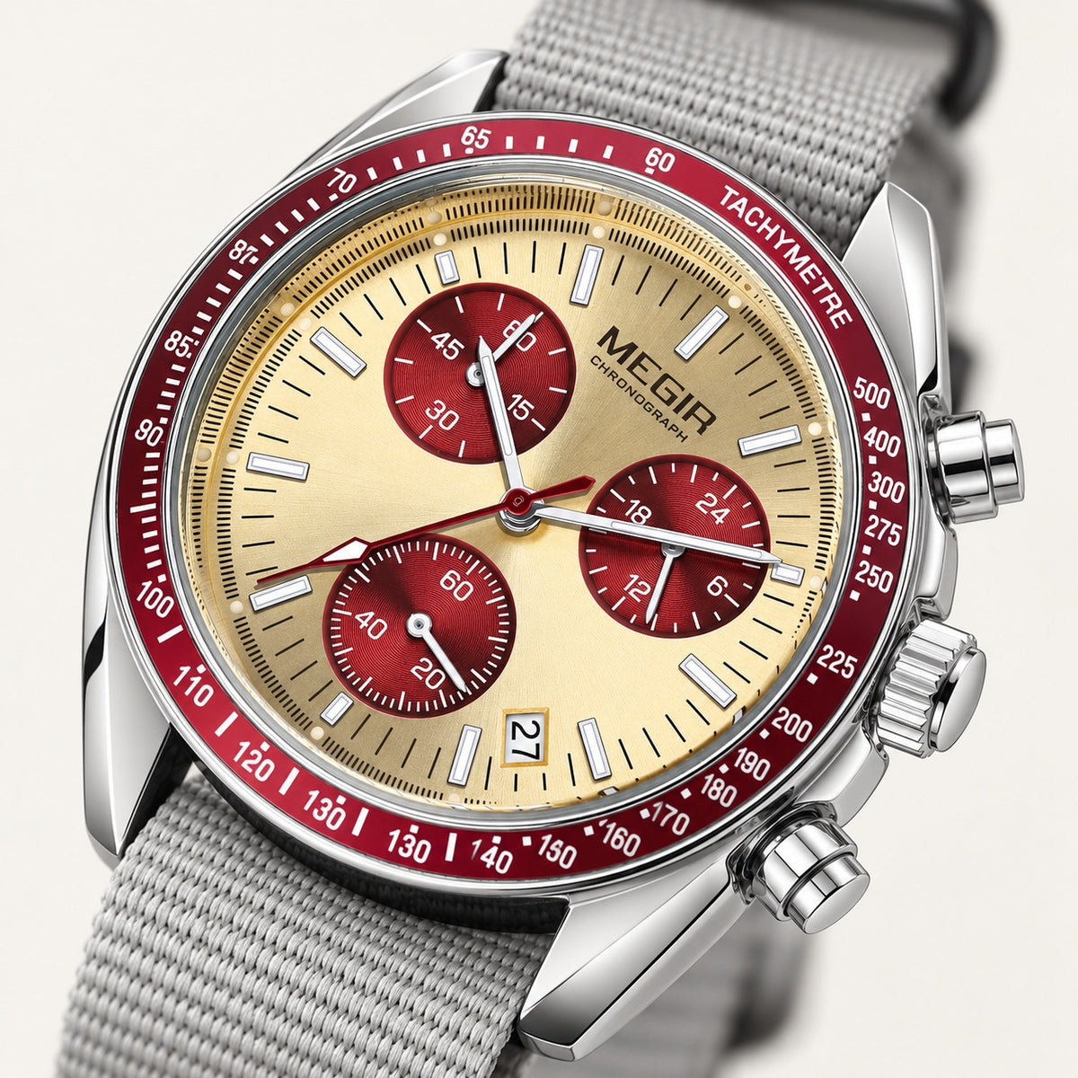 MEGIR Trek Chrono Canvas · Champanhe & Vermelho · detalhe do mostrador