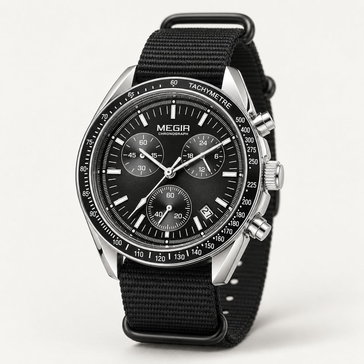 MEGIR Trek Chrono Canvas · Preto & Aço · 3/4