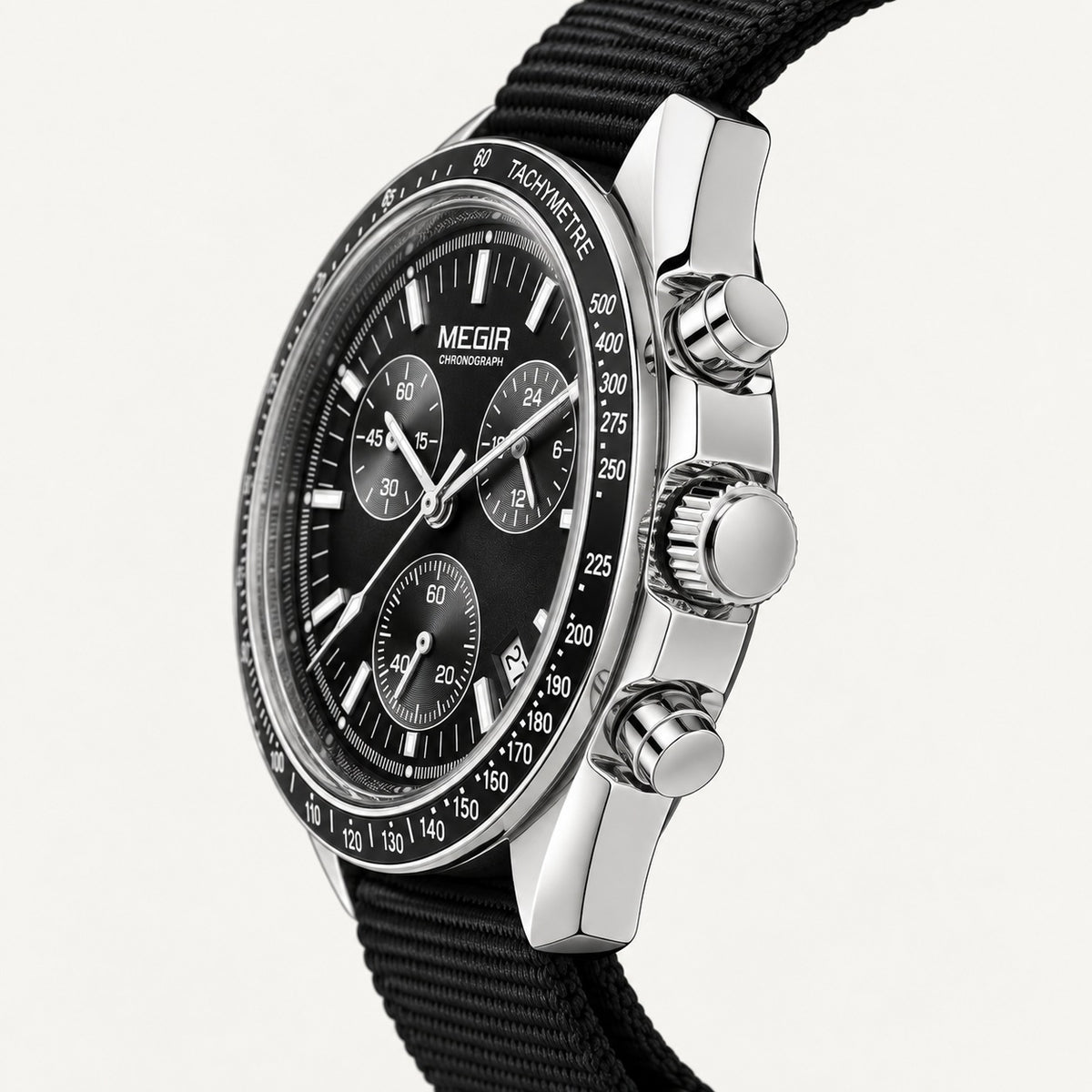 MEGIR Trek Chrono Canvas · Preto & Aço · lateral