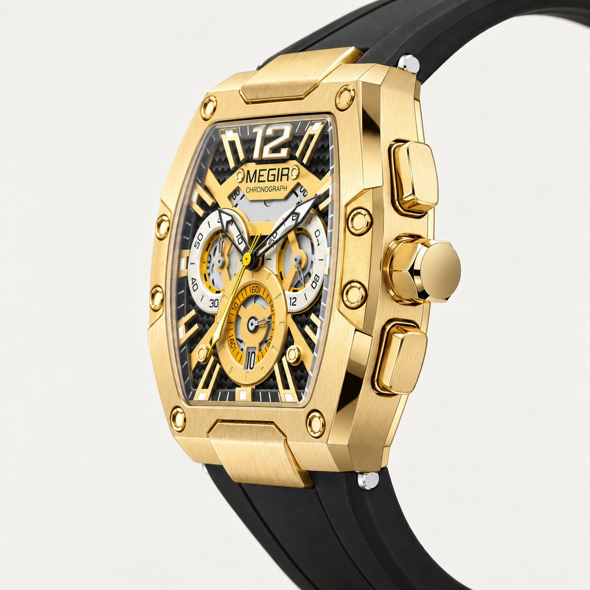 MEGIR Recon Chrono 24H · Dourado & Preto · lateral
