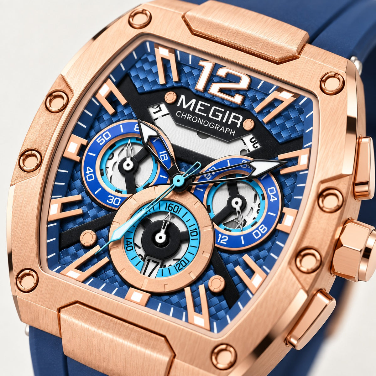 MEGIR Recon Chrono 24H · Rosé & Azul · detalhe do mostrador