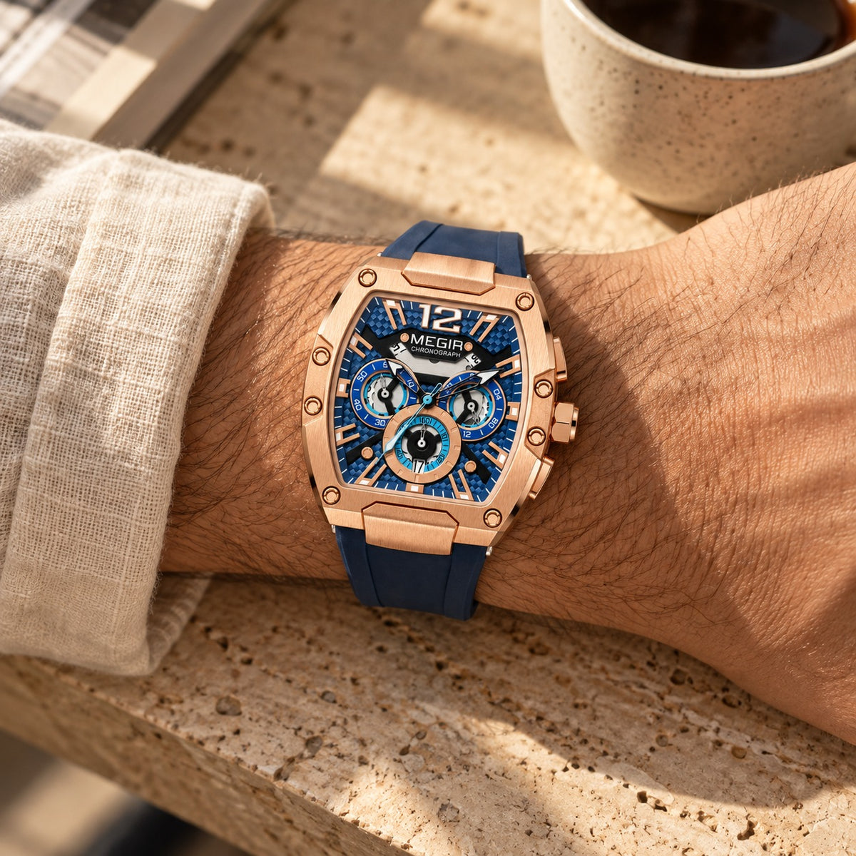 MEGIR Recon Chrono 24H · Rosé & Azul · no pulso