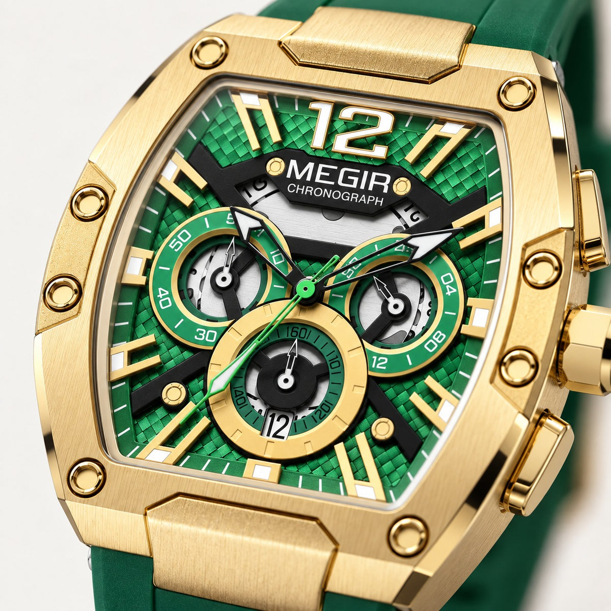 MEGIR Recon Chrono 24H · Verde Floresta · detalhe do mostrador