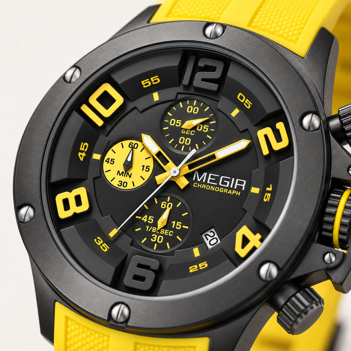 MEGIR Recon Chrono 47 · Preto & Amarelo · detalhe do mostrador