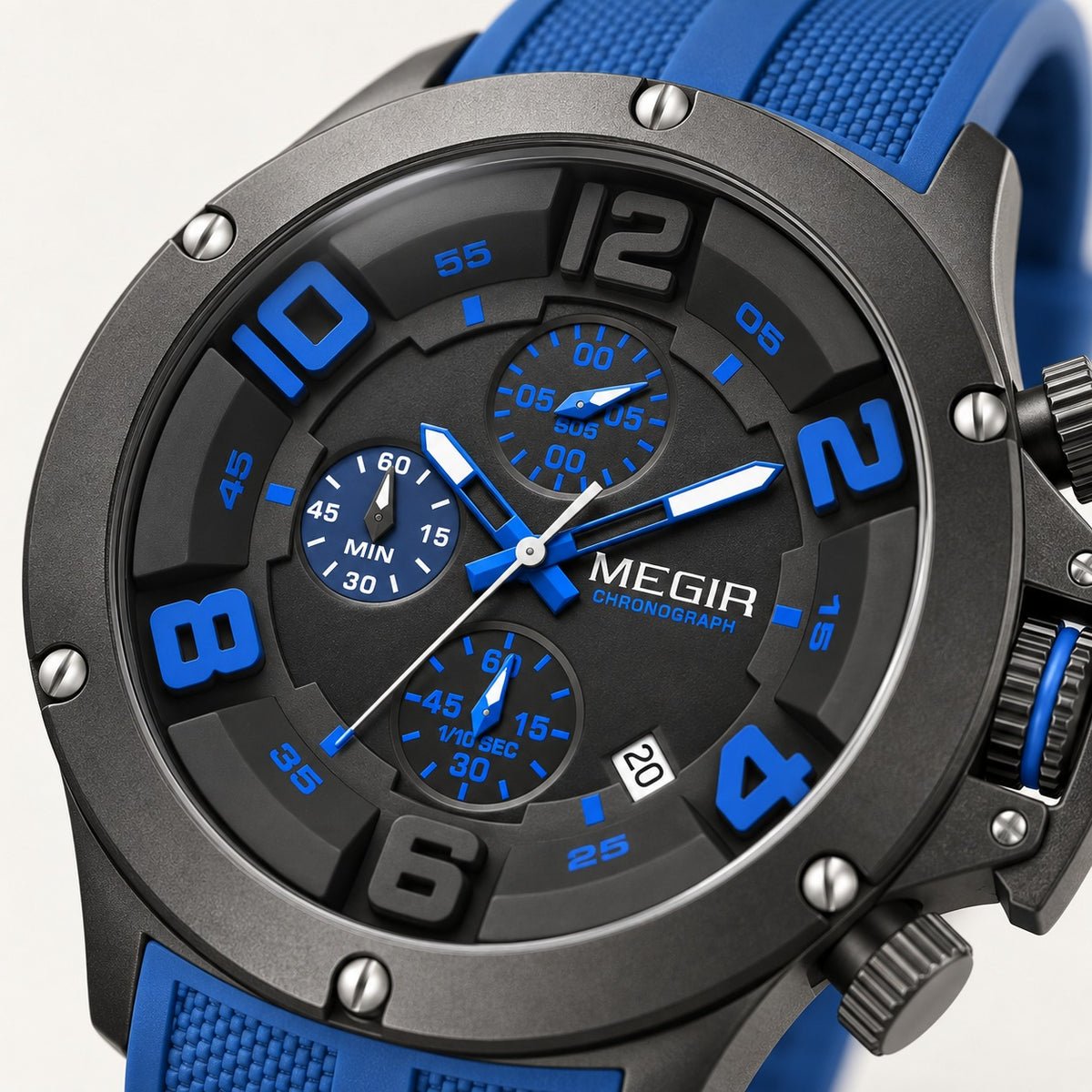 MEGIR Recon Chrono 47 · Preto & Azul · detalhe do mostrador