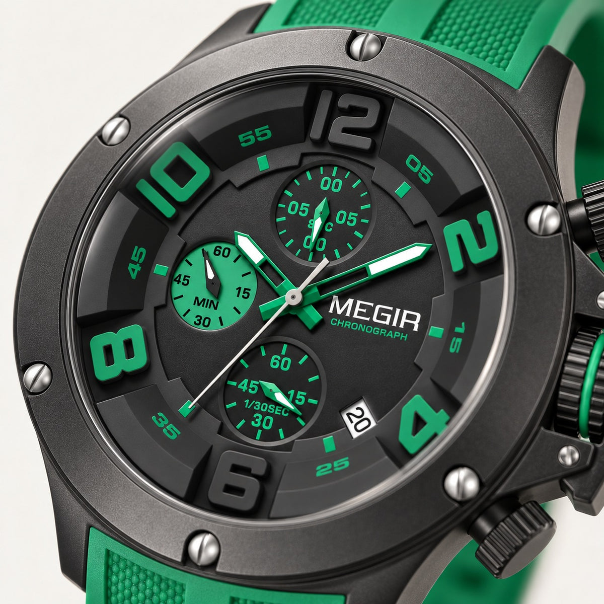 MEGIR Recon Chrono 47 · Preto & Verde · detalhe do mostrador