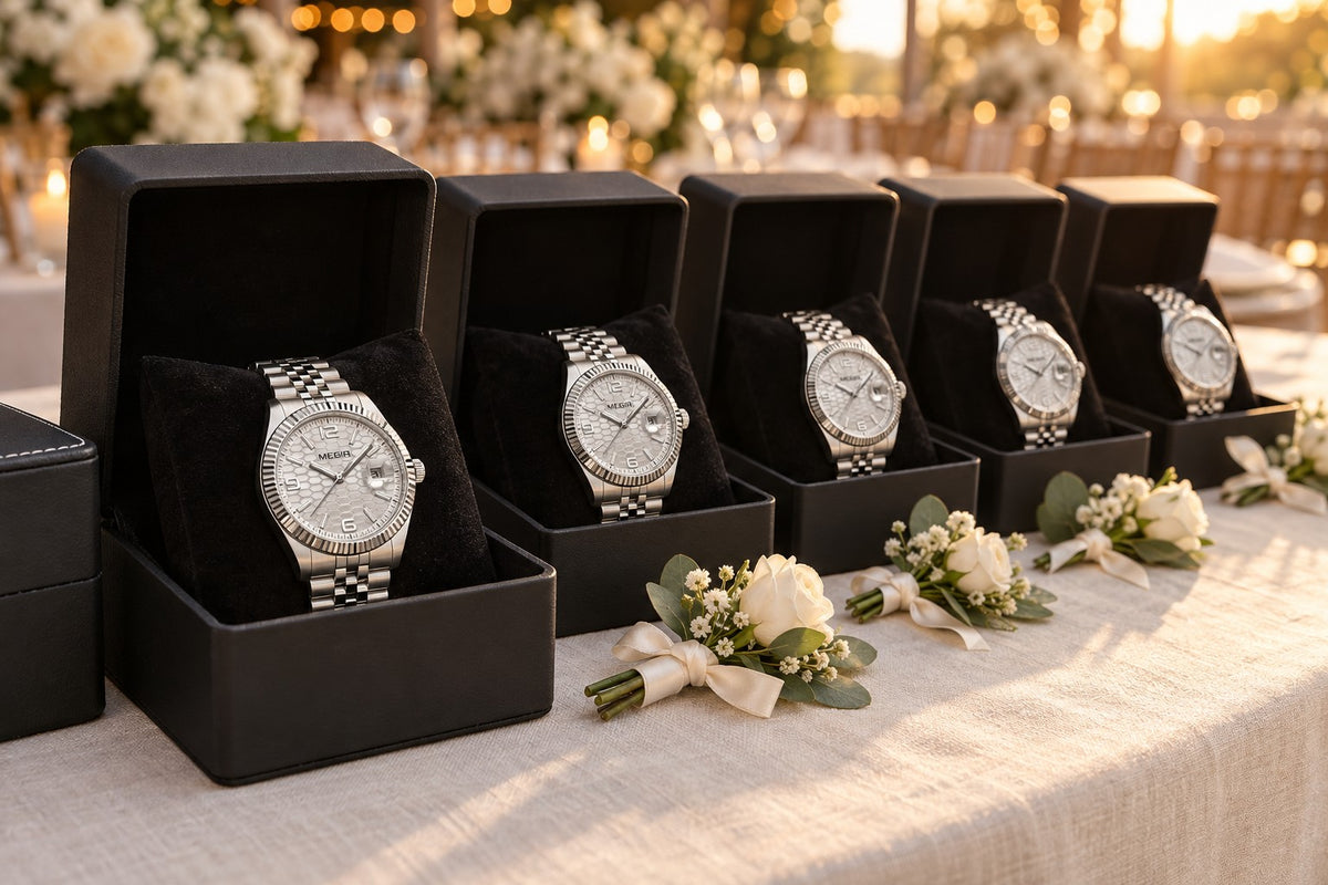 Relógios MEGIR iguais em caixas de presente para padrinhos de casamento