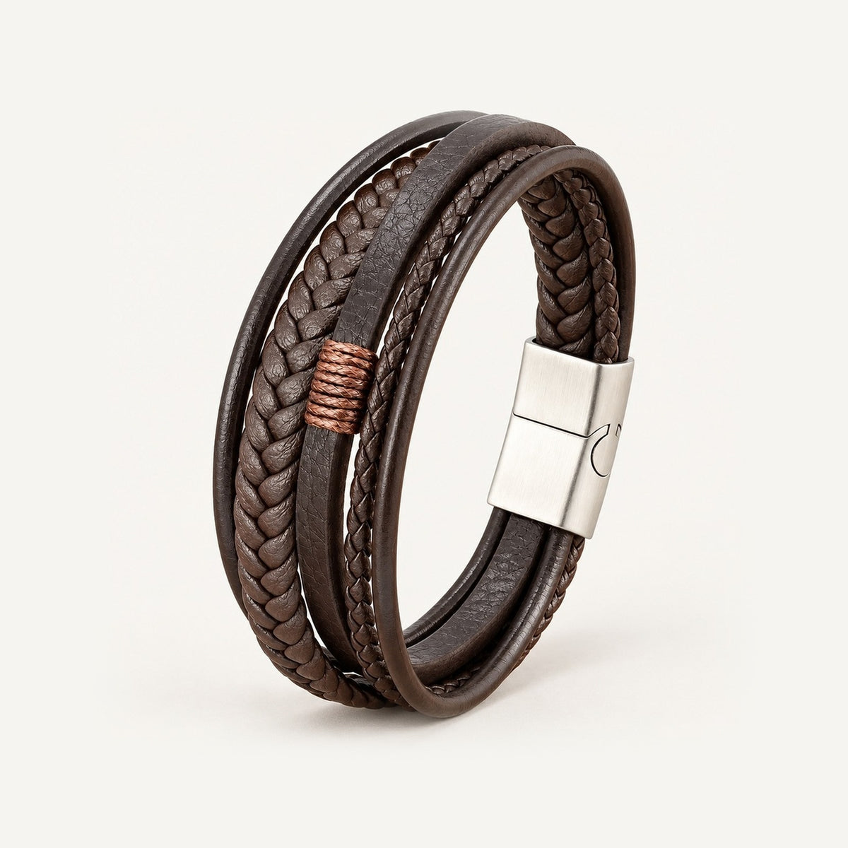 Pulseira Masculina Couro Trançado · Marrom & Aço