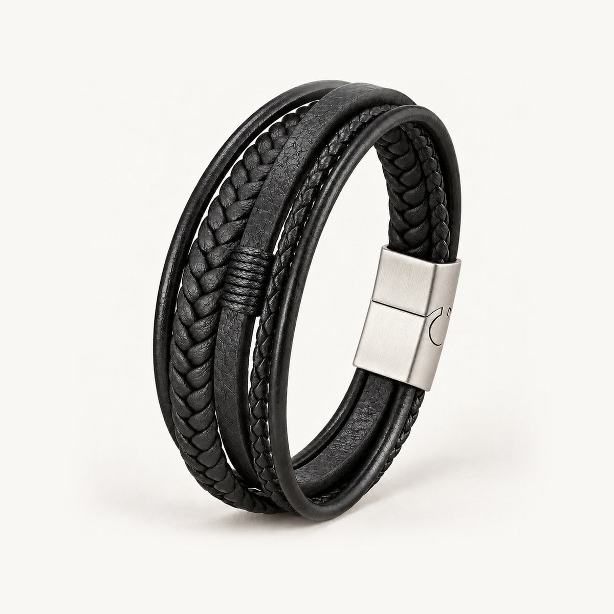 Pulseira Masculina Couro Trançado · Preto & Aço