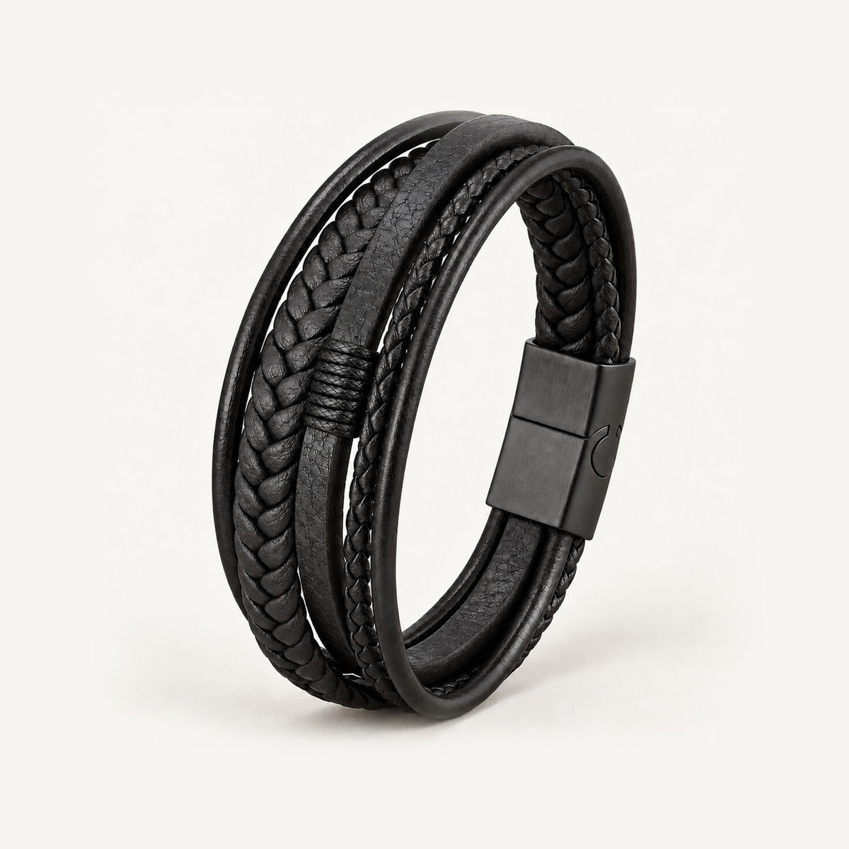 Pulseira Masculina Couro Trançado · Preto Total