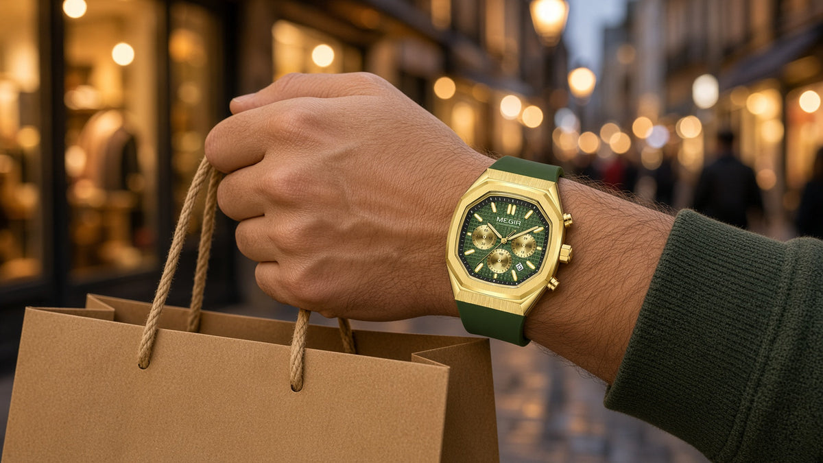 Black Friday de relógios: MEGIR Octa Chrono dourado no pulso com sacola de compras
