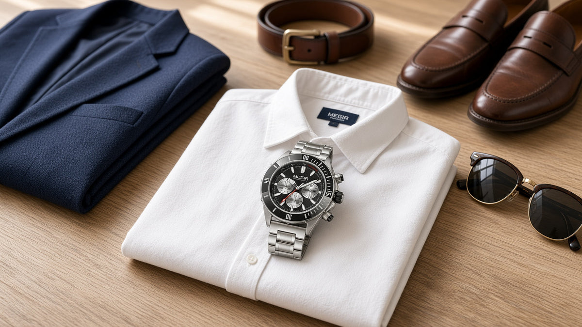 Como combinar relógio com roupa: MEGIR Regent Chrono II com blazer, camisa e sapatos