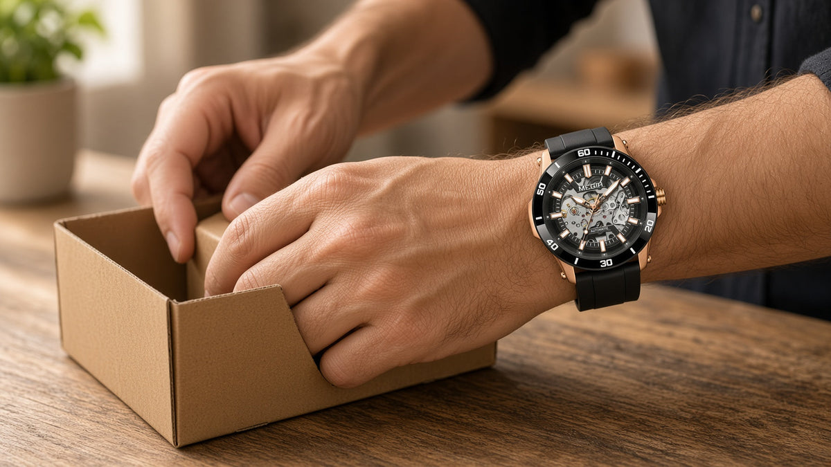 Comprar relógio online com segurança: MEGIR Vortex Sapphire no pulso abrindo caixa de entrega