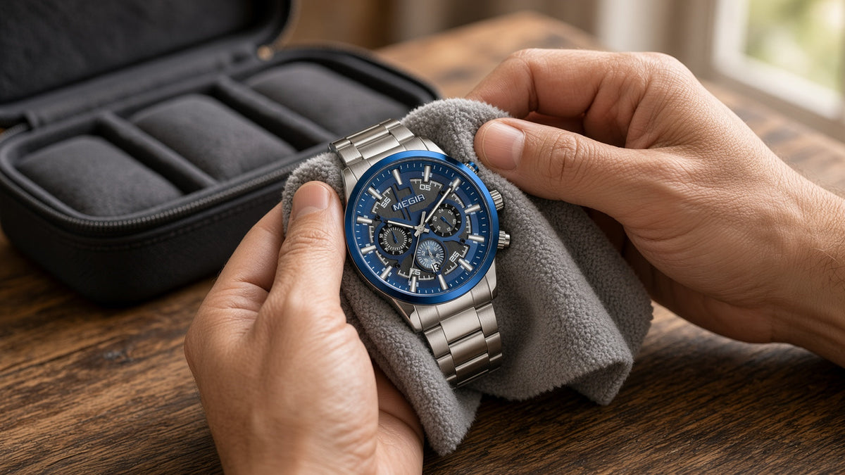 Como cuidar do relógio: limpando o MEGIR Prestige Chrono com flanela