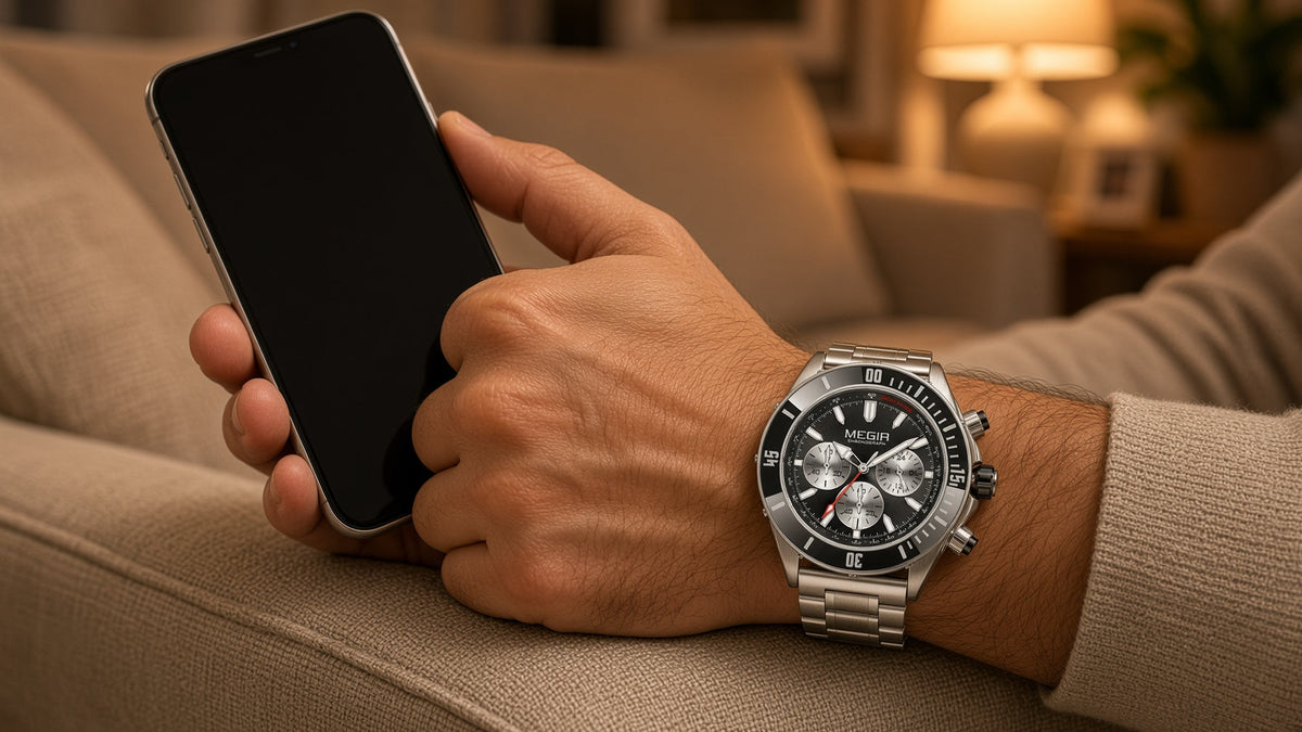 Como saber se a promoção da Black Friday é real: MEGIR Regent Chrono II no pulso com celular na mão