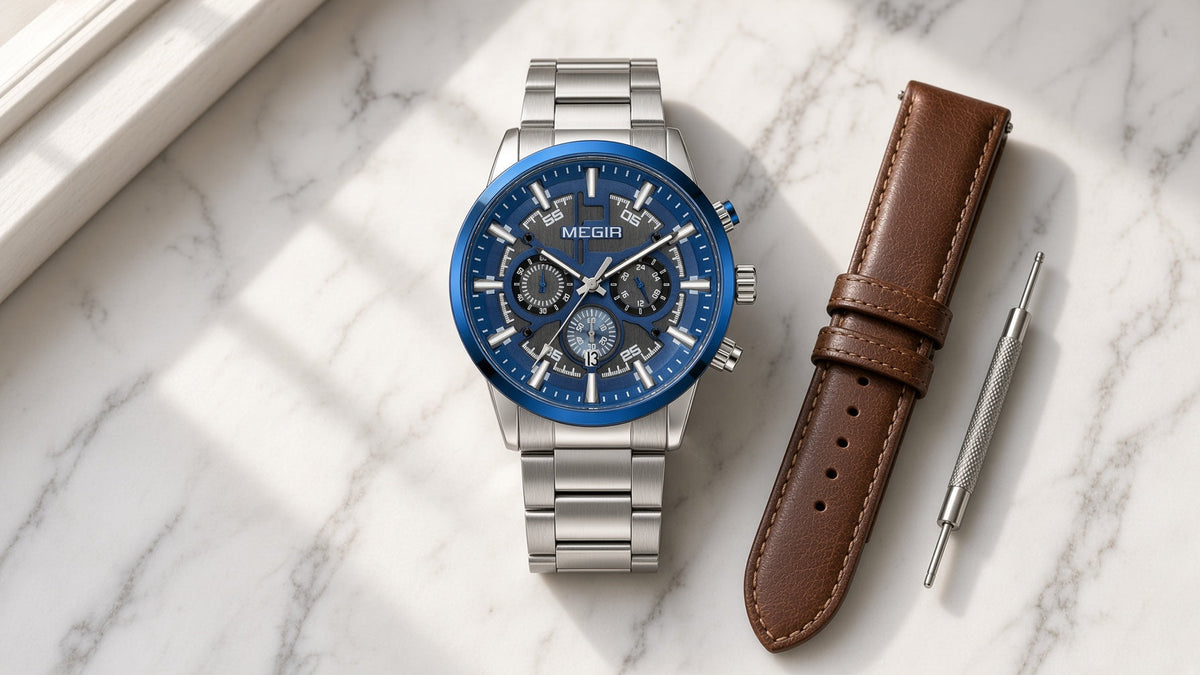 Kit relógio e pulseira extra: MEGIR Prestige Chrono azul com pulseira de couro marrom e ferramenta