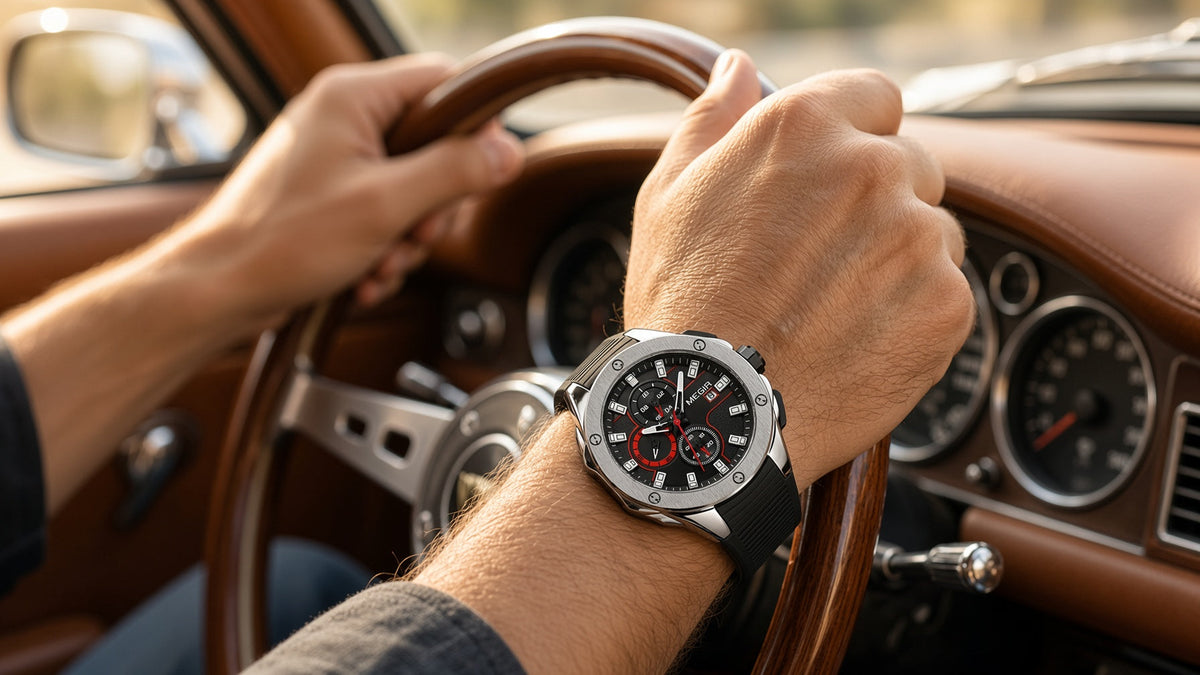 Relógio cronógrafo MEGIR Apex Chrono Pro no pulso, ao volante de um carro clássico
