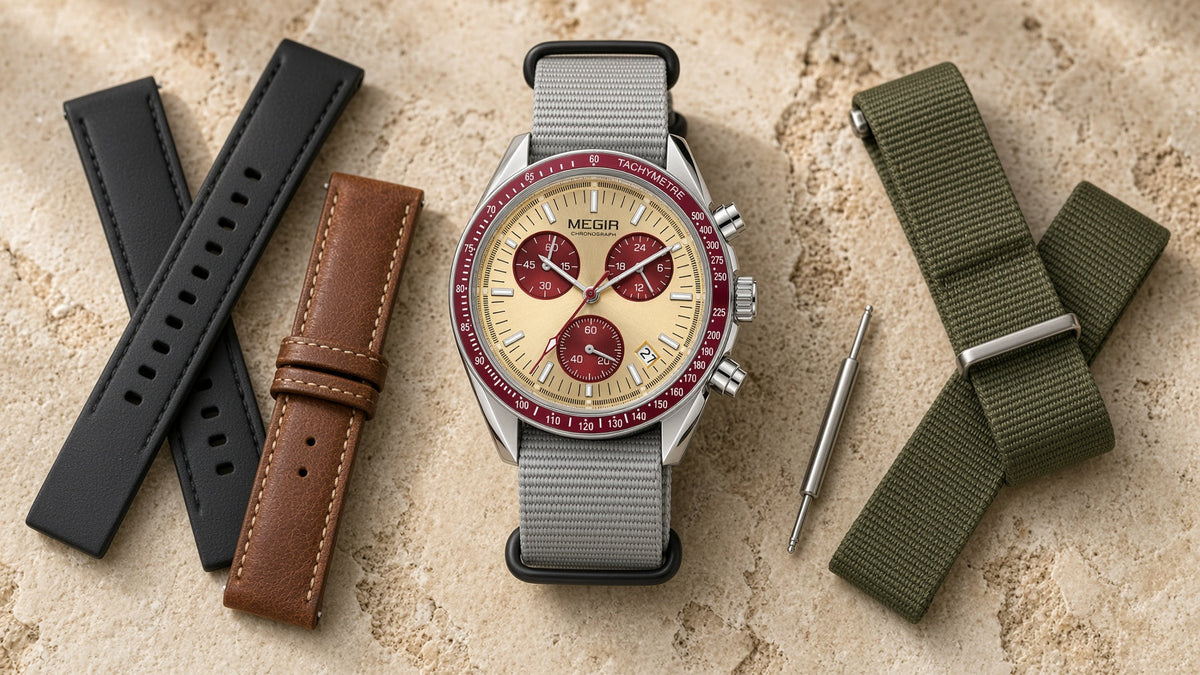 Tipos de pulseira de relógio: MEGIR Trek Chrono com pulseiras de borracha, couro e NATO