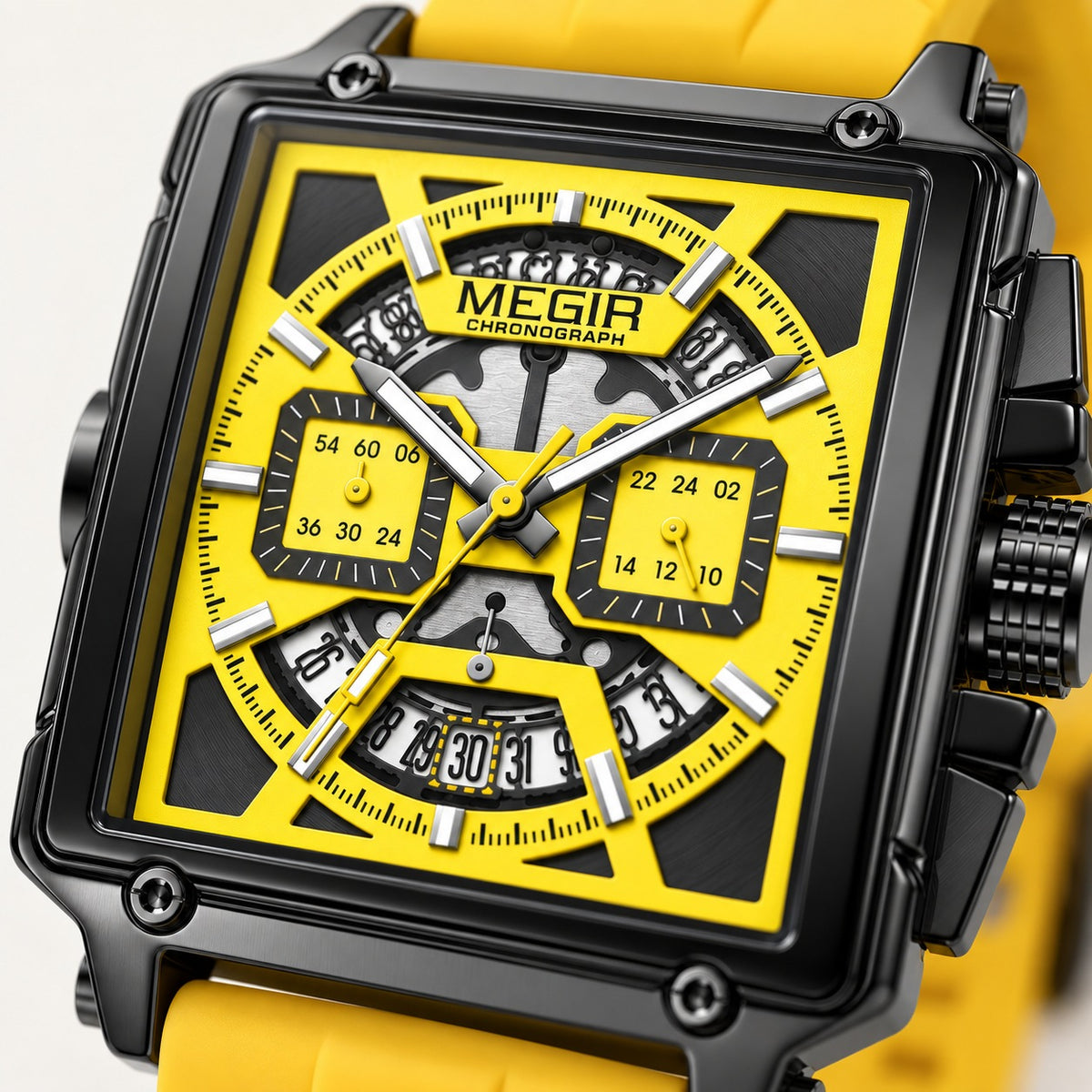 MEGIR Quadra Chrono Sport · Amarelo Neon · detalhe do mostrador #Cor_Amarelo Neon