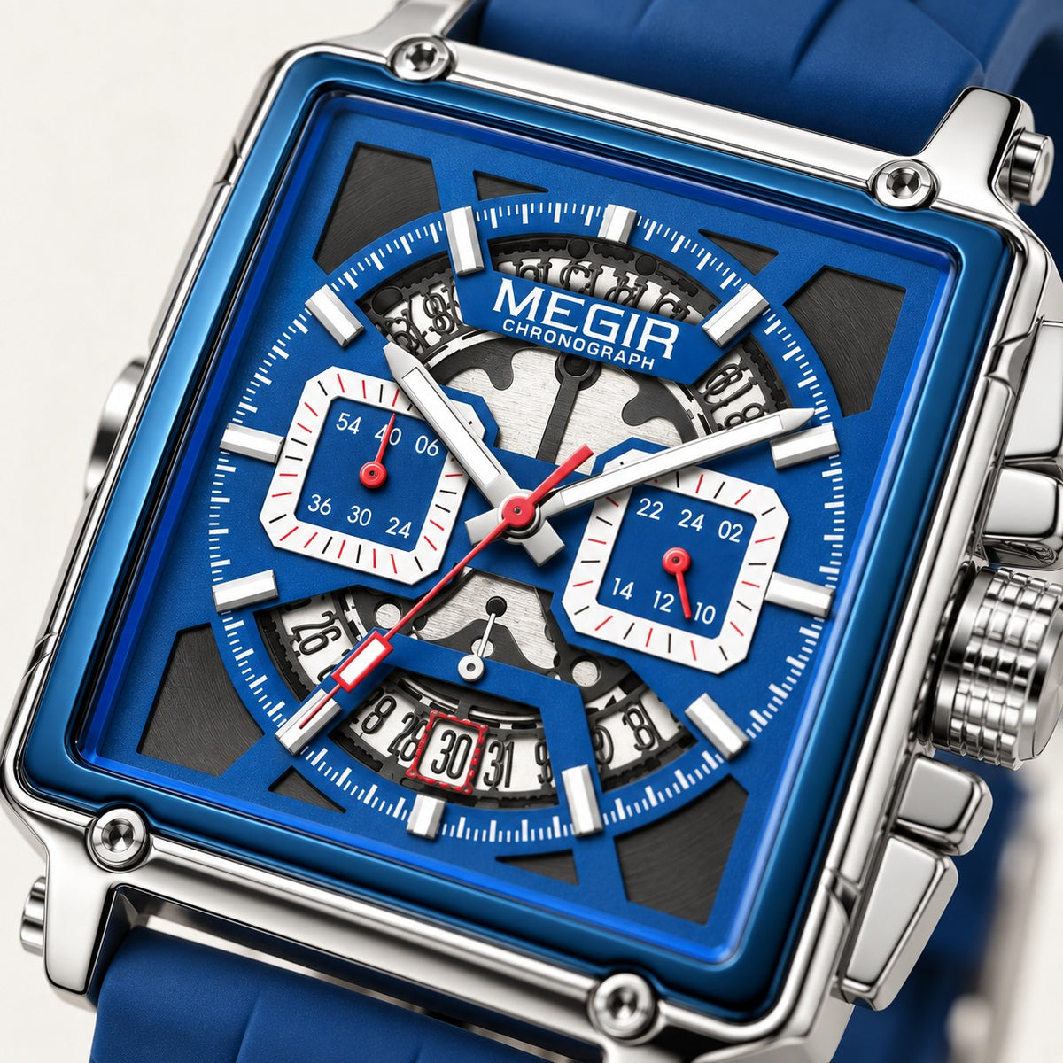 MEGIR Quadra Chrono Sport · Azul Noite · detalhe do mostrador #Cor_Azul Noite