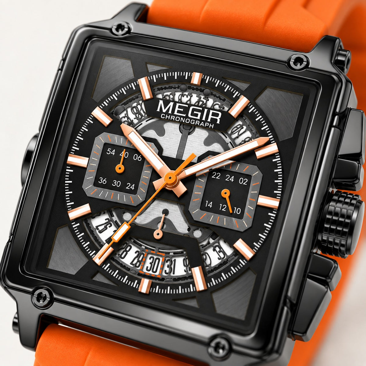 MEGIR Quadra Chrono Sport · Laranja Vulcão · detalhe do mostrador #Cor_Laranja Vulcão