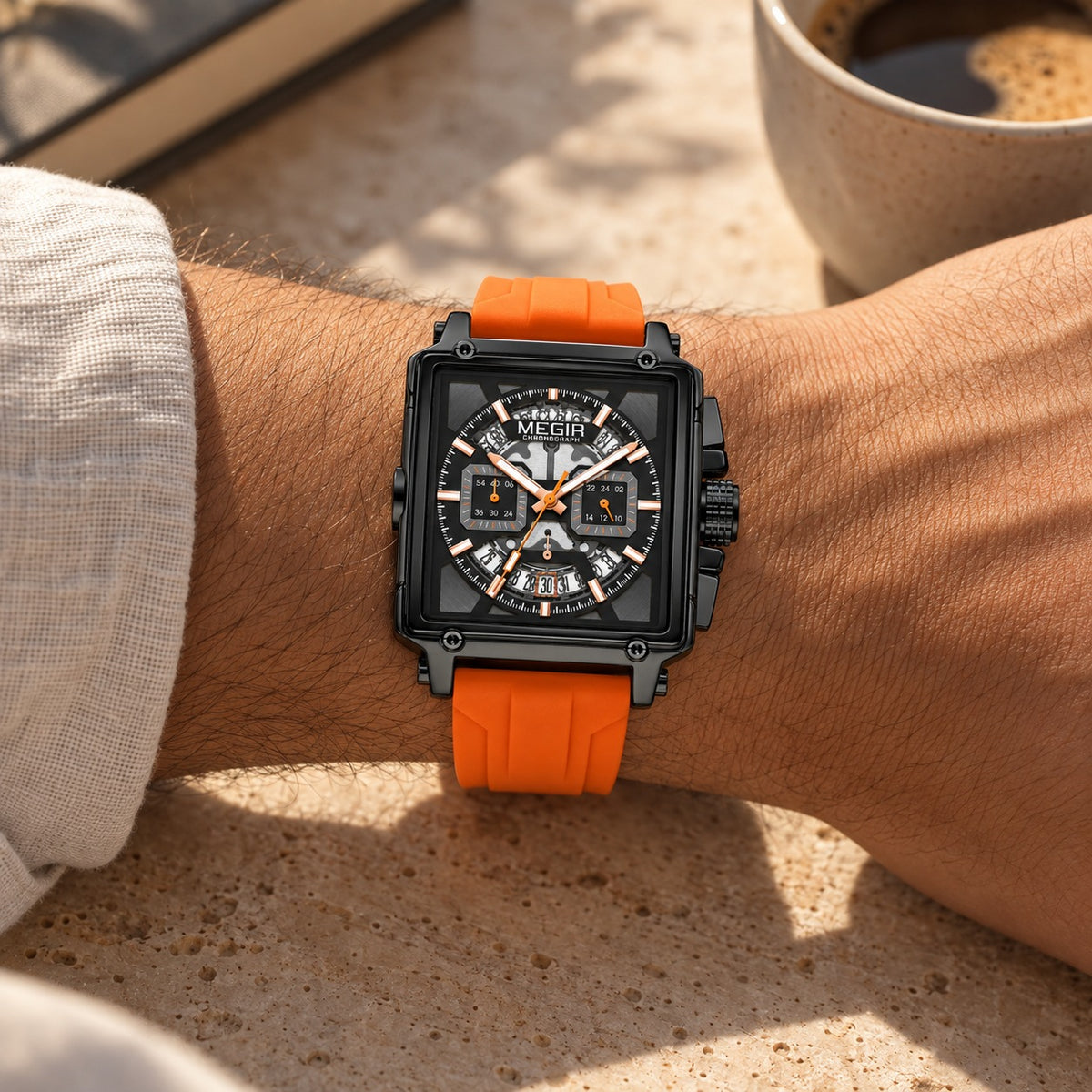 MEGIR Quadra Chrono Sport · Laranja Vulcão · no pulso #Cor_Laranja Vulcão