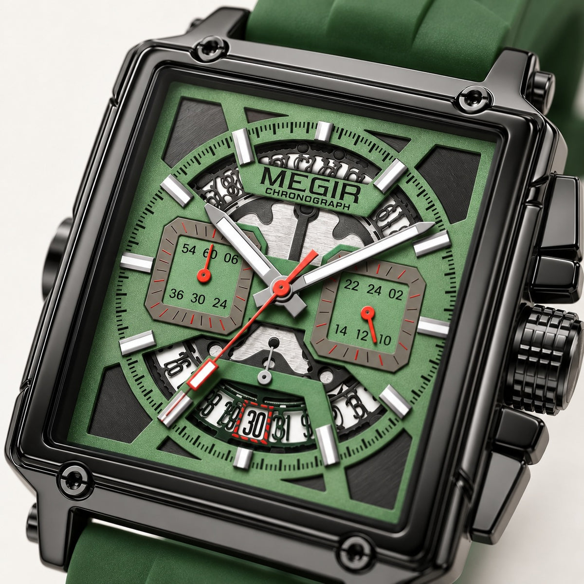 MEGIR Quadra Chrono Sport · Verde Floresta · detalhe do mostrador #Cor_Verde Floresta