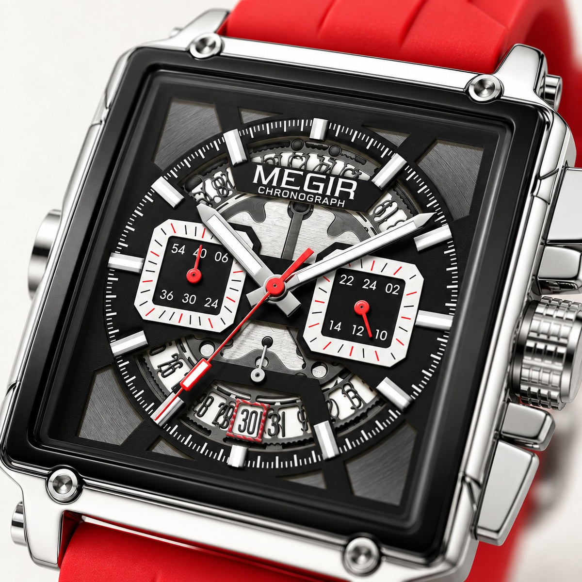 MEGIR Quadra Chrono Sport · Vermelho Racing · detalhe do mostrador #Cor_Vermelho Racing