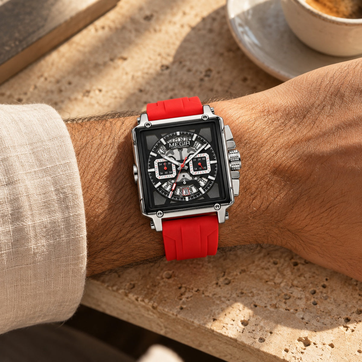 MEGIR Quadra Chrono Sport · Vermelho Racing · no pulso #Cor_Vermelho Racing