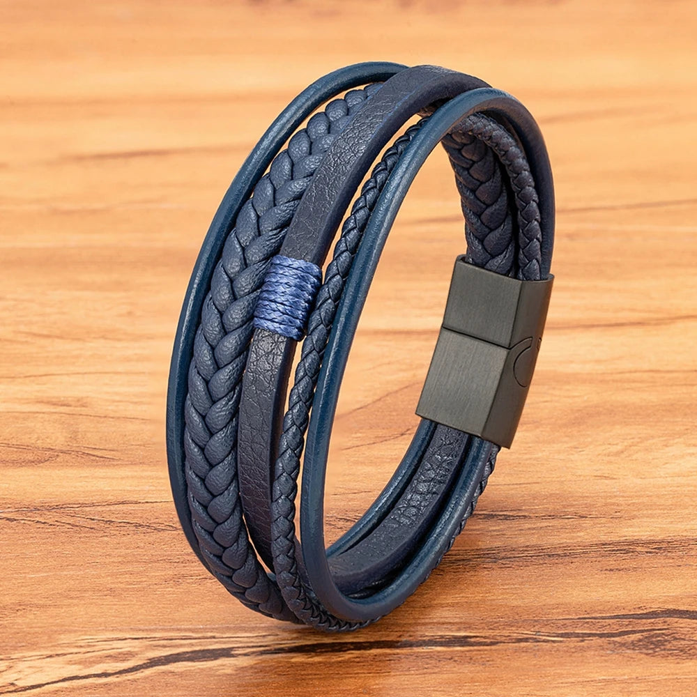 Pulseira Masculina Couro Trançado · Azul & Preto