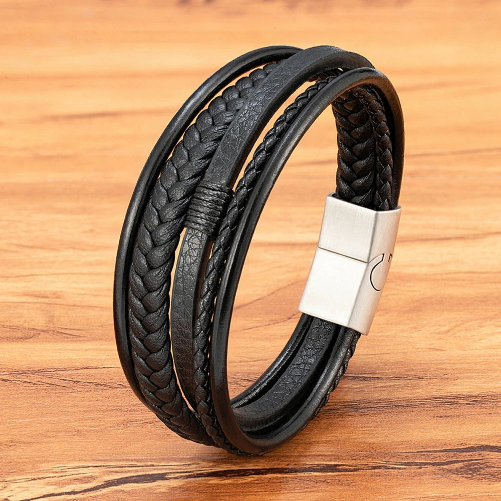 Pulseira Masculina Couro Trançado · Preto & Aço
