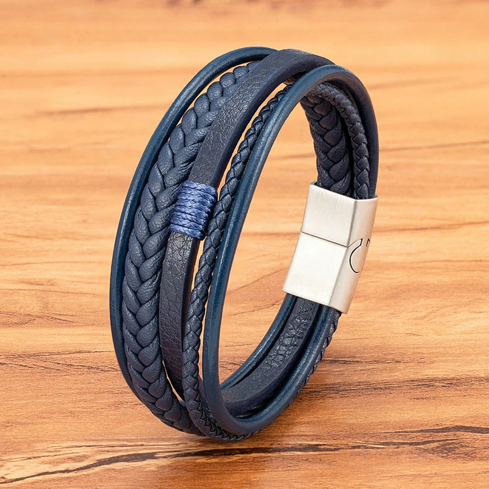 Pulseira Masculina Couro Trançado · Azul & Aço