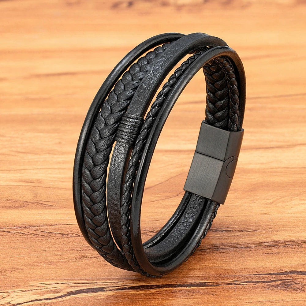 Pulseira Masculina Couro Trançado · Preto Total
