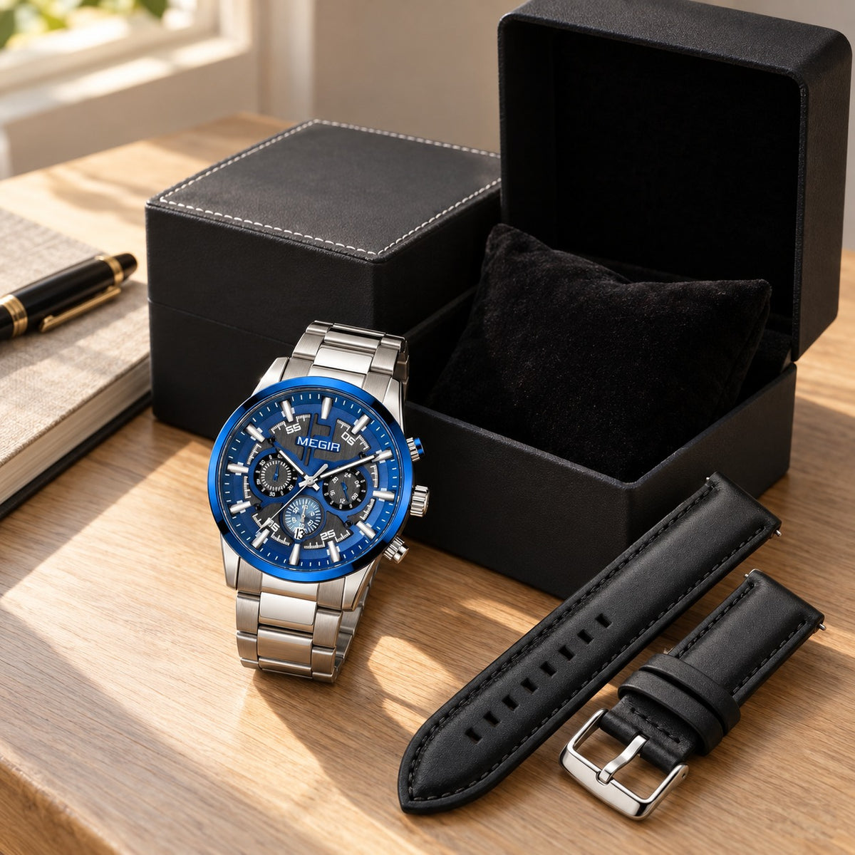 Kit Executivo MEGIR — Prestige Chrono com pulseira de couro e caixa presente