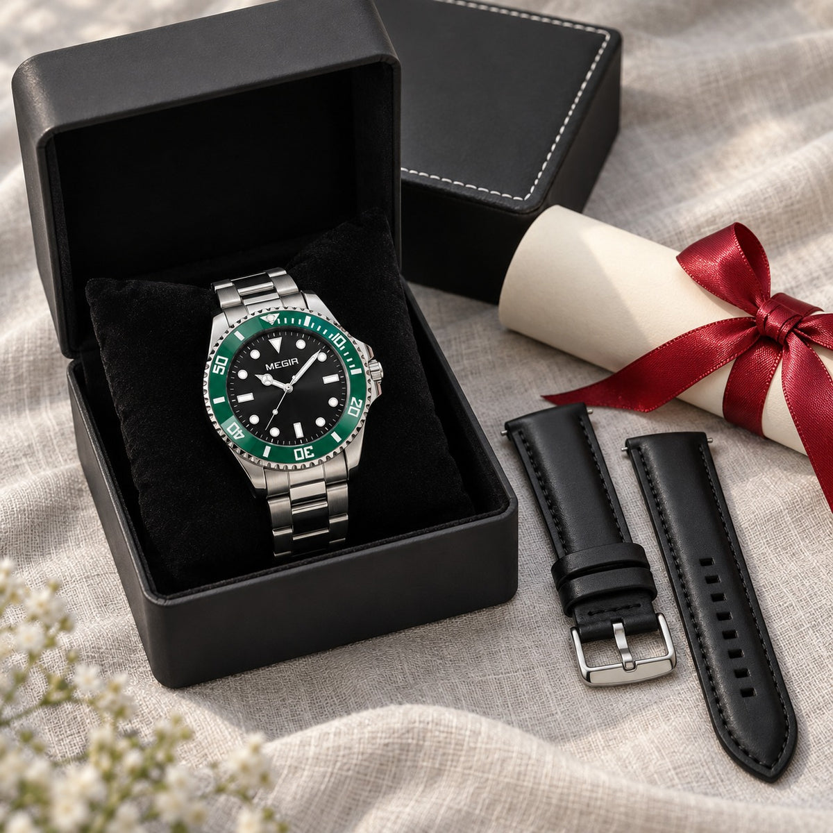 Kit Primeiro Relógio MEGIR — Avenue Steel na caixa presente com pulseira de couro