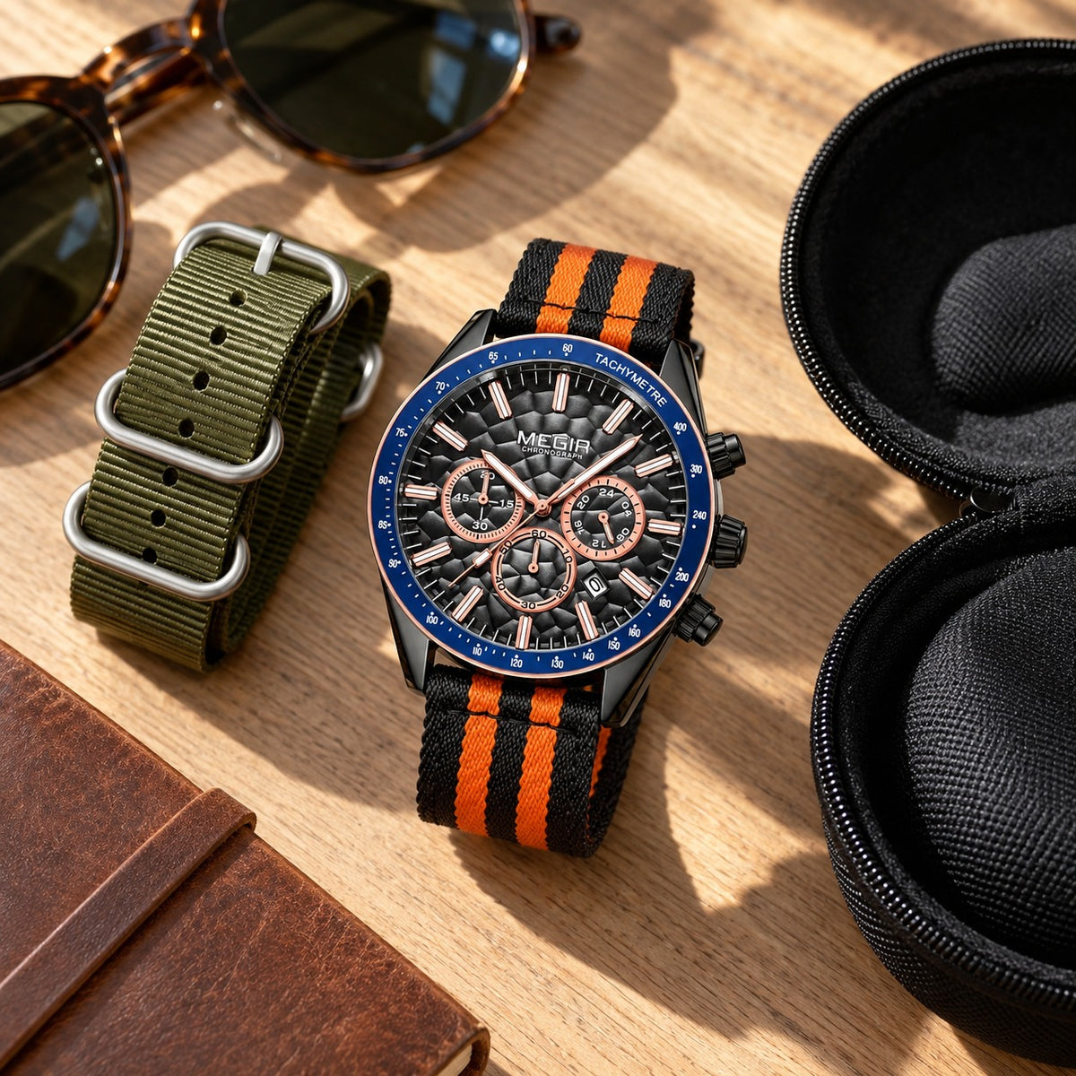Kit Viajante MEGIR — Trek Chrono 24H com pulseira NATO e case de viagem