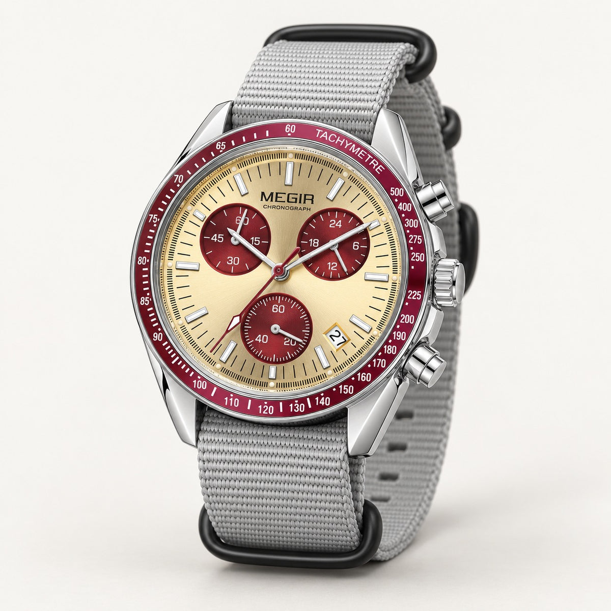 MEGIR Trek Chrono Canvas · Champanhe & Vermelho · 3/4
